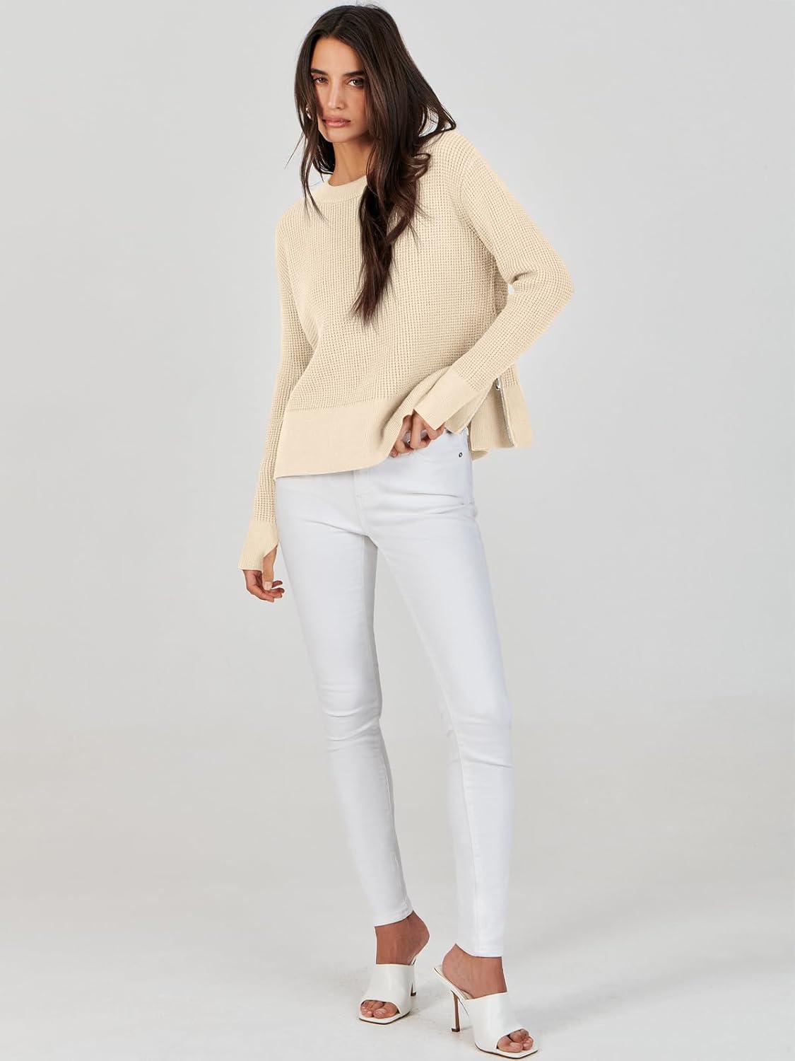 imageANRABESS Womens 2025 Fall Waffle Sweaters Long Sleeve Thumbhole Casual Knitted Side Zipper Pullover Sweaters TopBeige