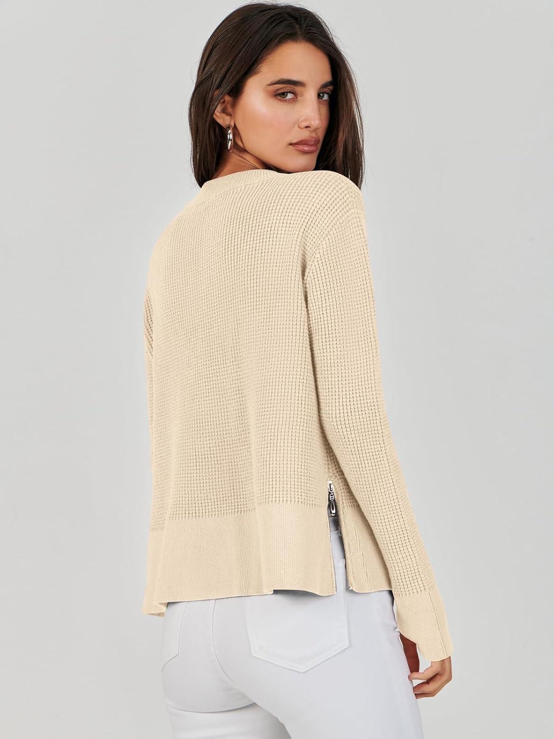 imageANRABESS Womens 2025 Fall Waffle Sweaters Long Sleeve Thumbhole Casual Knitted Side Zipper Pullover Sweaters TopBeige