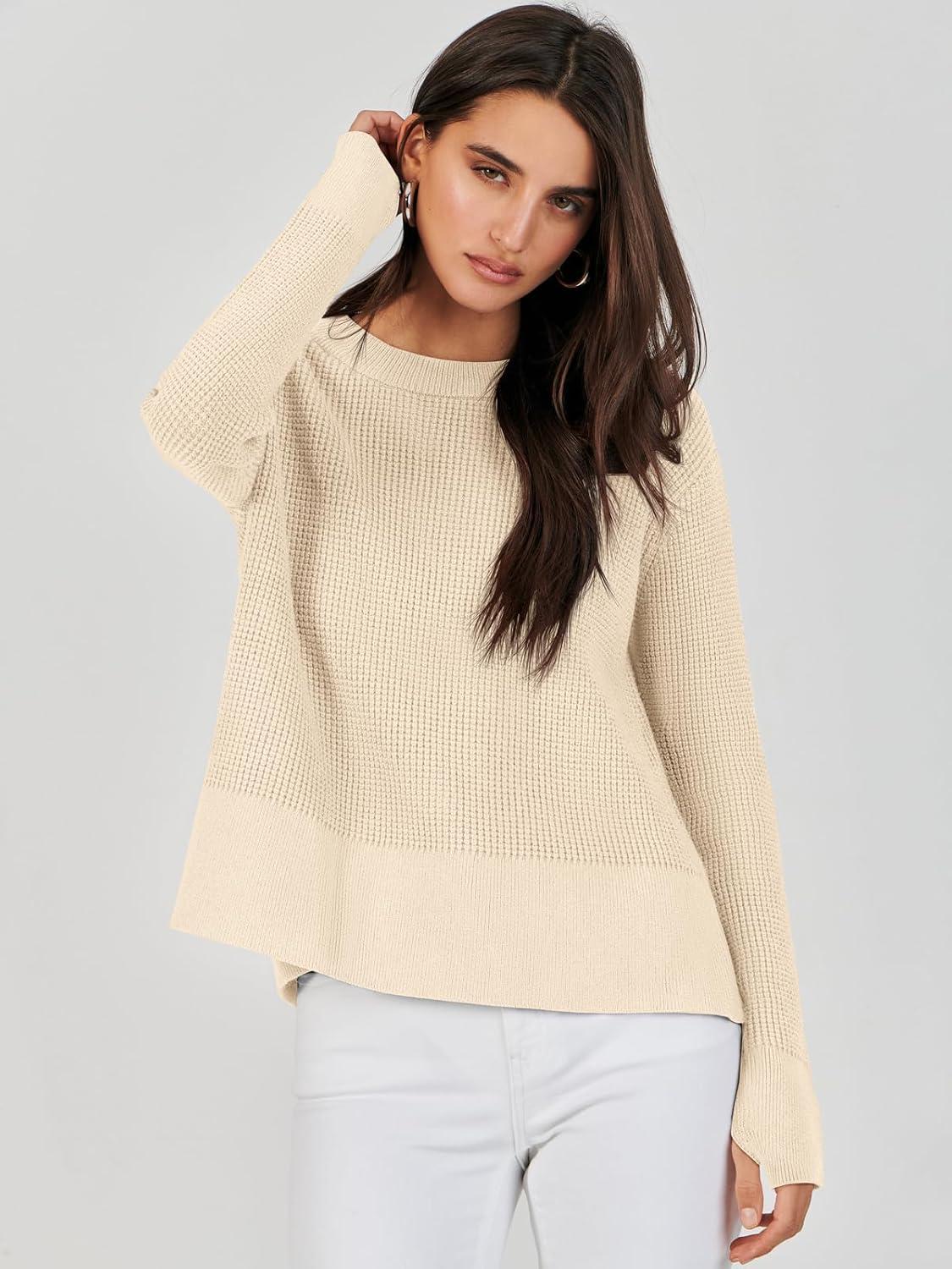 imageANRABESS Womens 2025 Fall Waffle Sweaters Long Sleeve Thumbhole Casual Knitted Side Zipper Pullover Sweaters TopBeige
