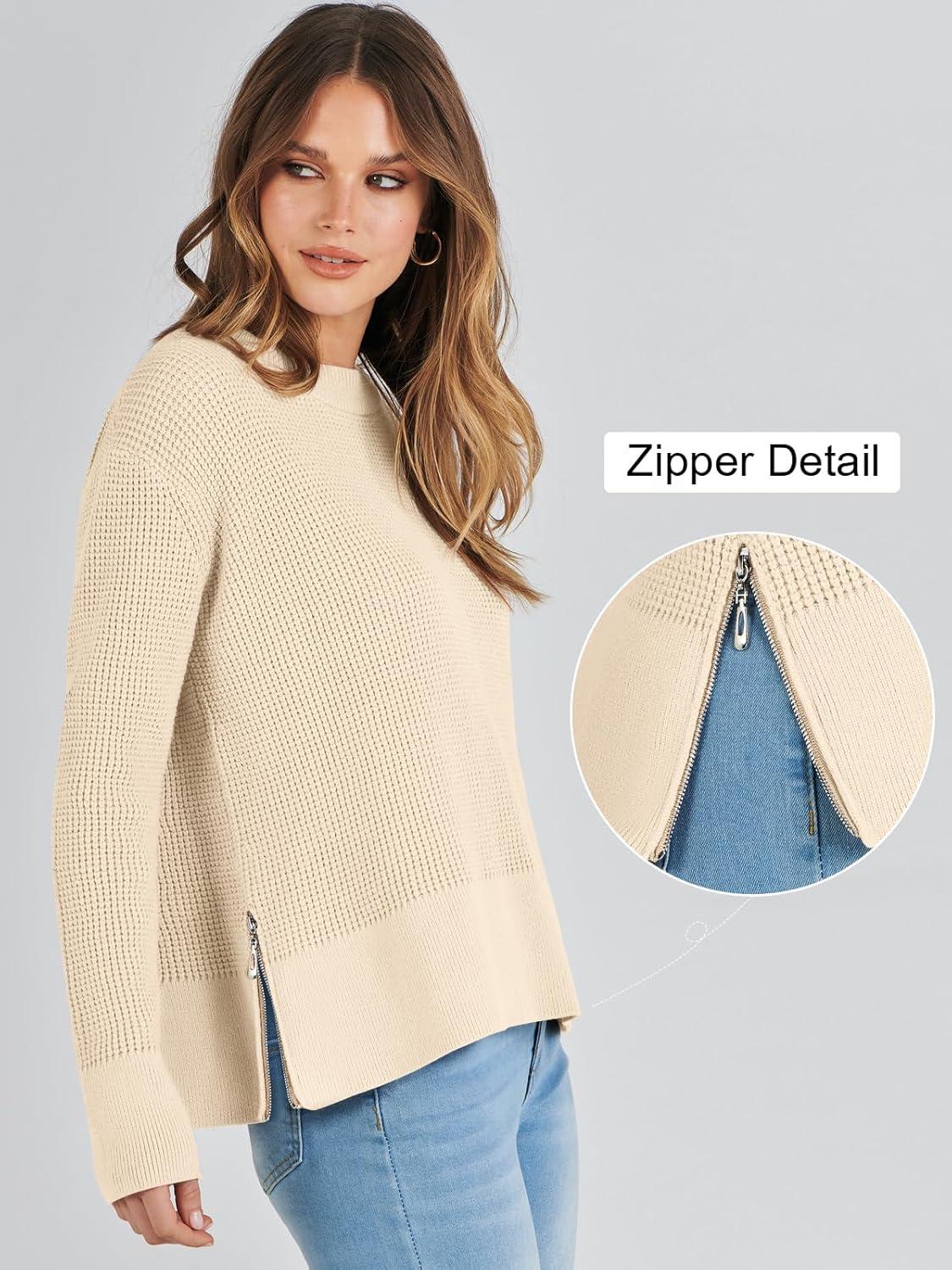 imageANRABESS Womens 2025 Fall Waffle Sweaters Long Sleeve Thumbhole Casual Knitted Side Zipper Pullover Sweaters TopBeige