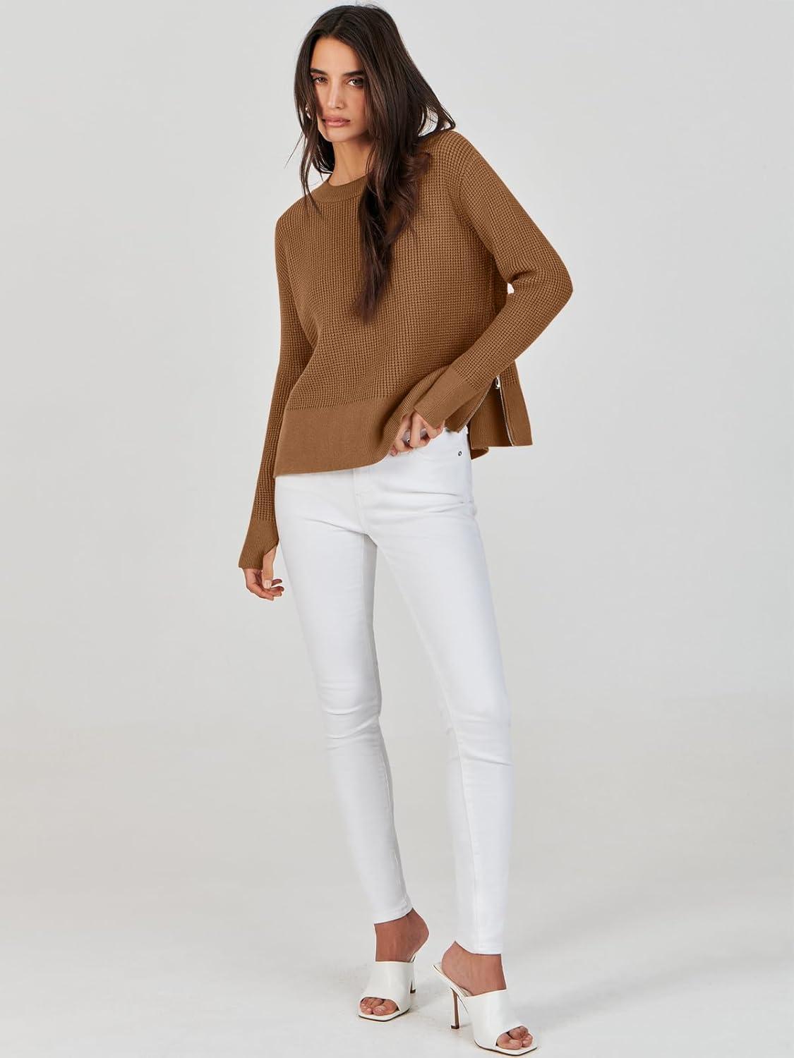 imageANRABESS Womens 2025 Fall Waffle Sweaters Long Sleeve Thumbhole Casual Knitted Side Zipper Pullover Sweaters TopCaramel