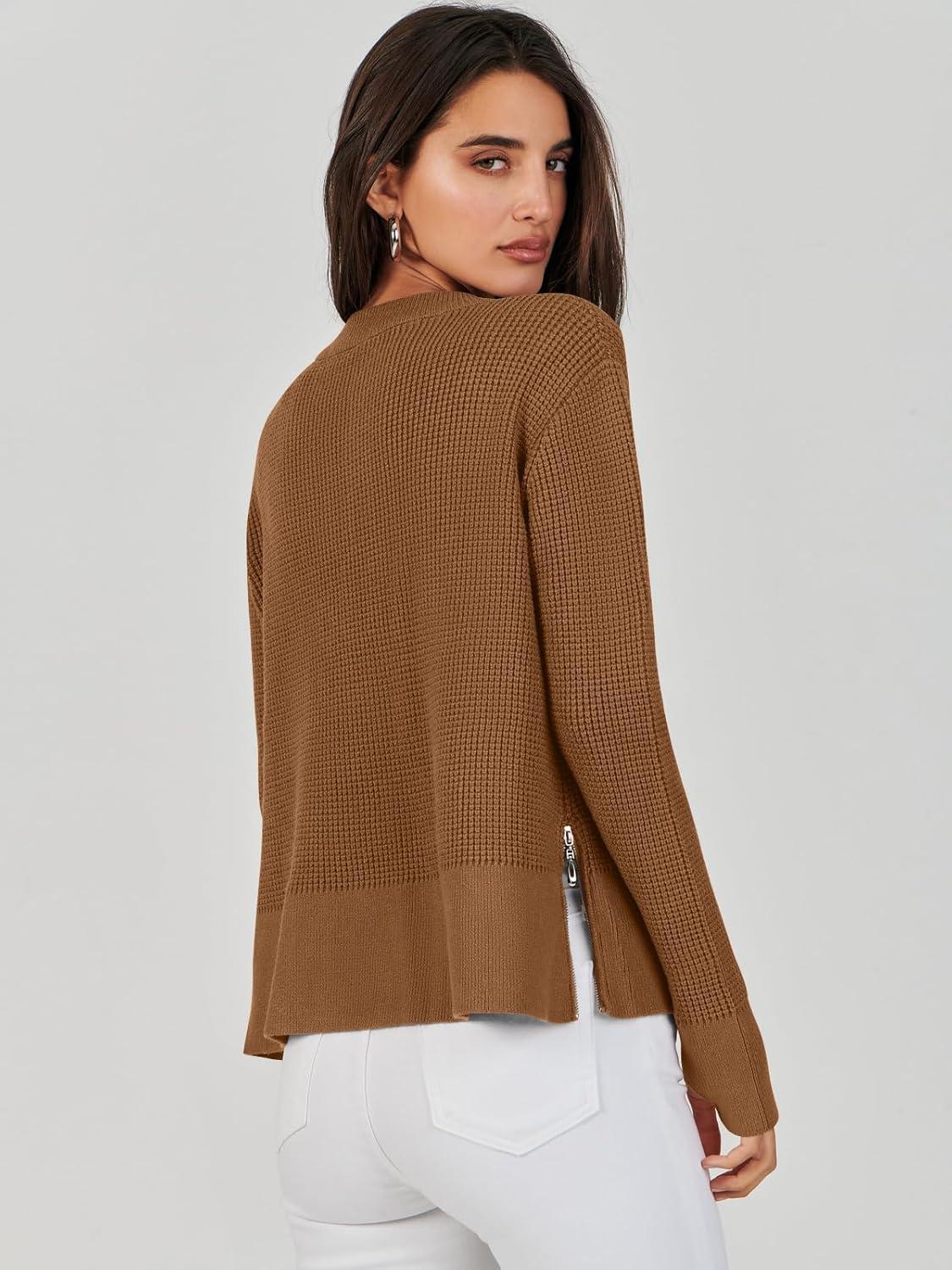 imageANRABESS Womens 2025 Fall Waffle Sweaters Long Sleeve Thumbhole Casual Knitted Side Zipper Pullover Sweaters TopCaramel
