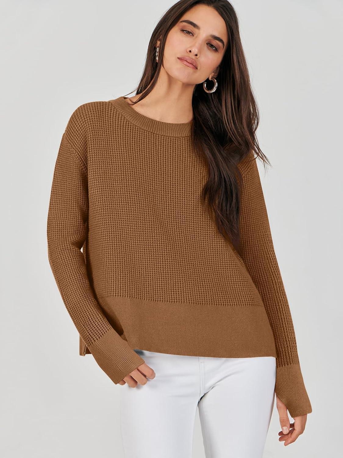 imageANRABESS Womens 2025 Fall Waffle Sweaters Long Sleeve Thumbhole Casual Knitted Side Zipper Pullover Sweaters TopCaramel