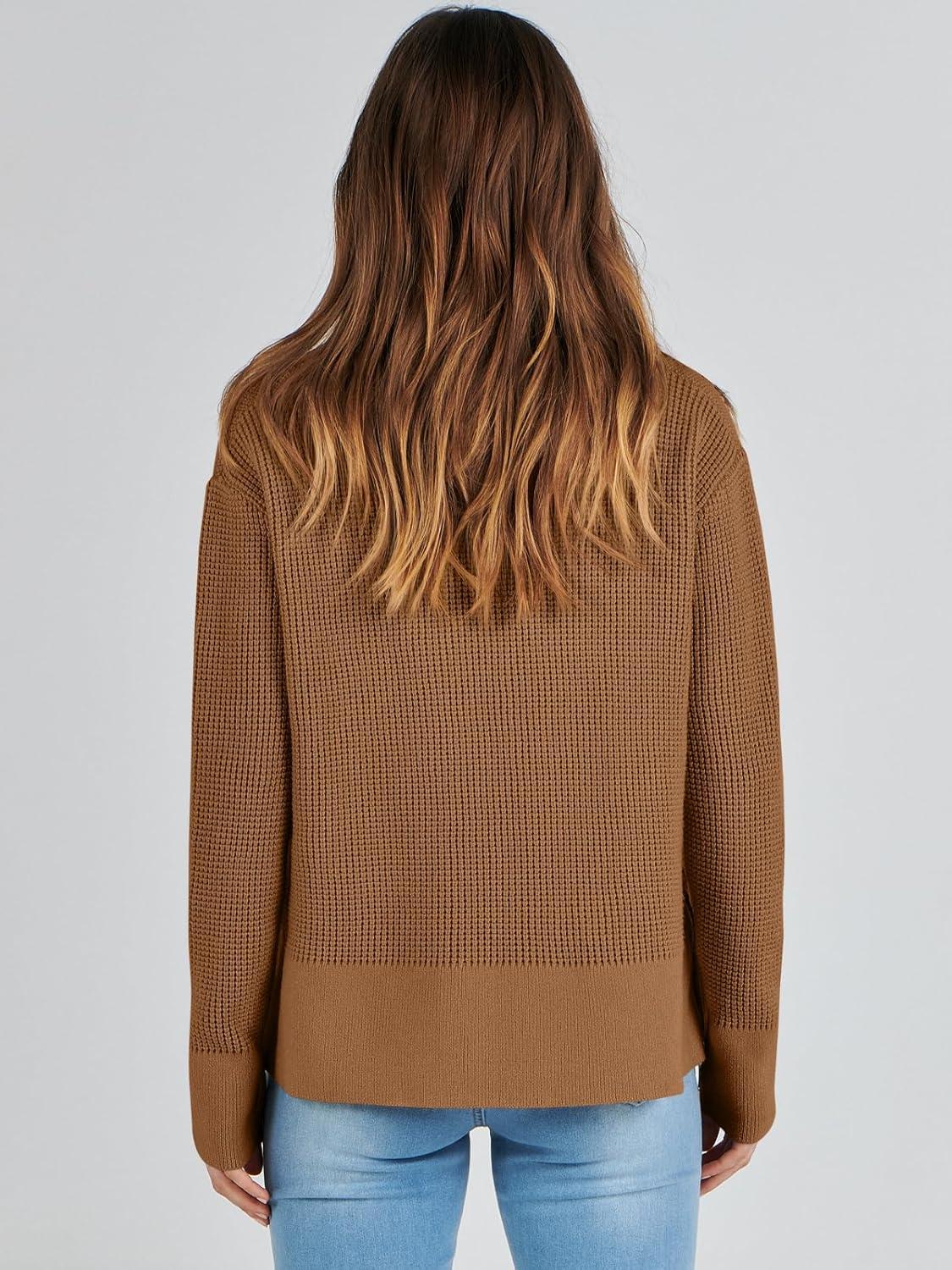 imageANRABESS Womens 2025 Fall Waffle Sweaters Long Sleeve Thumbhole Casual Knitted Side Zipper Pullover Sweaters TopCaramel