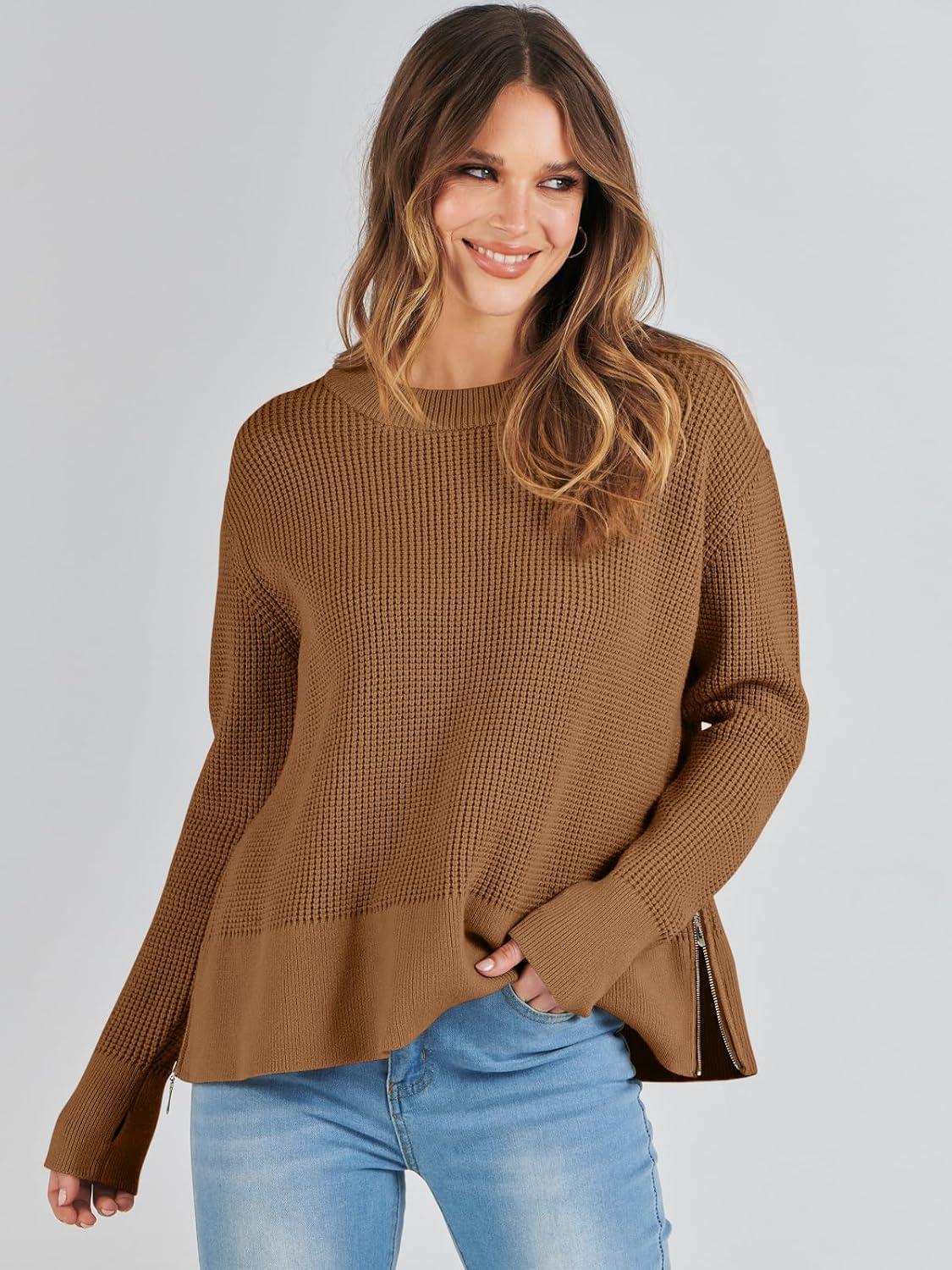 imageANRABESS Womens 2025 Fall Waffle Sweaters Long Sleeve Thumbhole Casual Knitted Side Zipper Pullover Sweaters TopCaramel