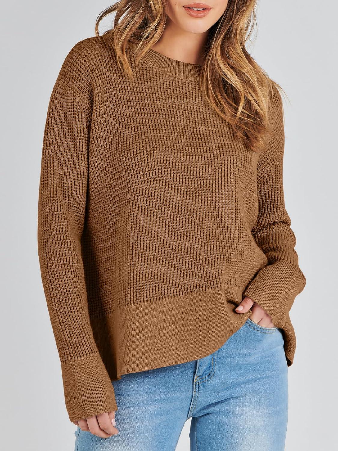 imageANRABESS Womens 2025 Fall Waffle Sweaters Long Sleeve Thumbhole Casual Knitted Side Zipper Pullover Sweaters TopCaramel
