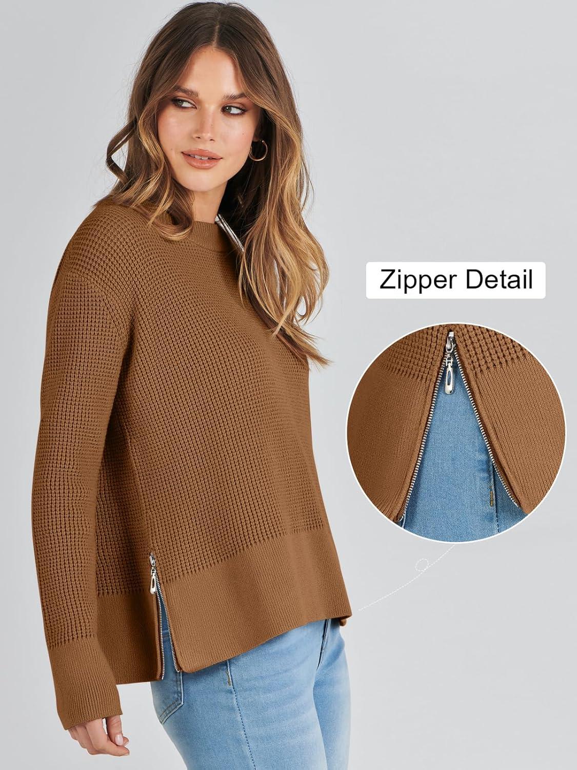 imageANRABESS Womens 2025 Fall Waffle Sweaters Long Sleeve Thumbhole Casual Knitted Side Zipper Pullover Sweaters TopCaramel