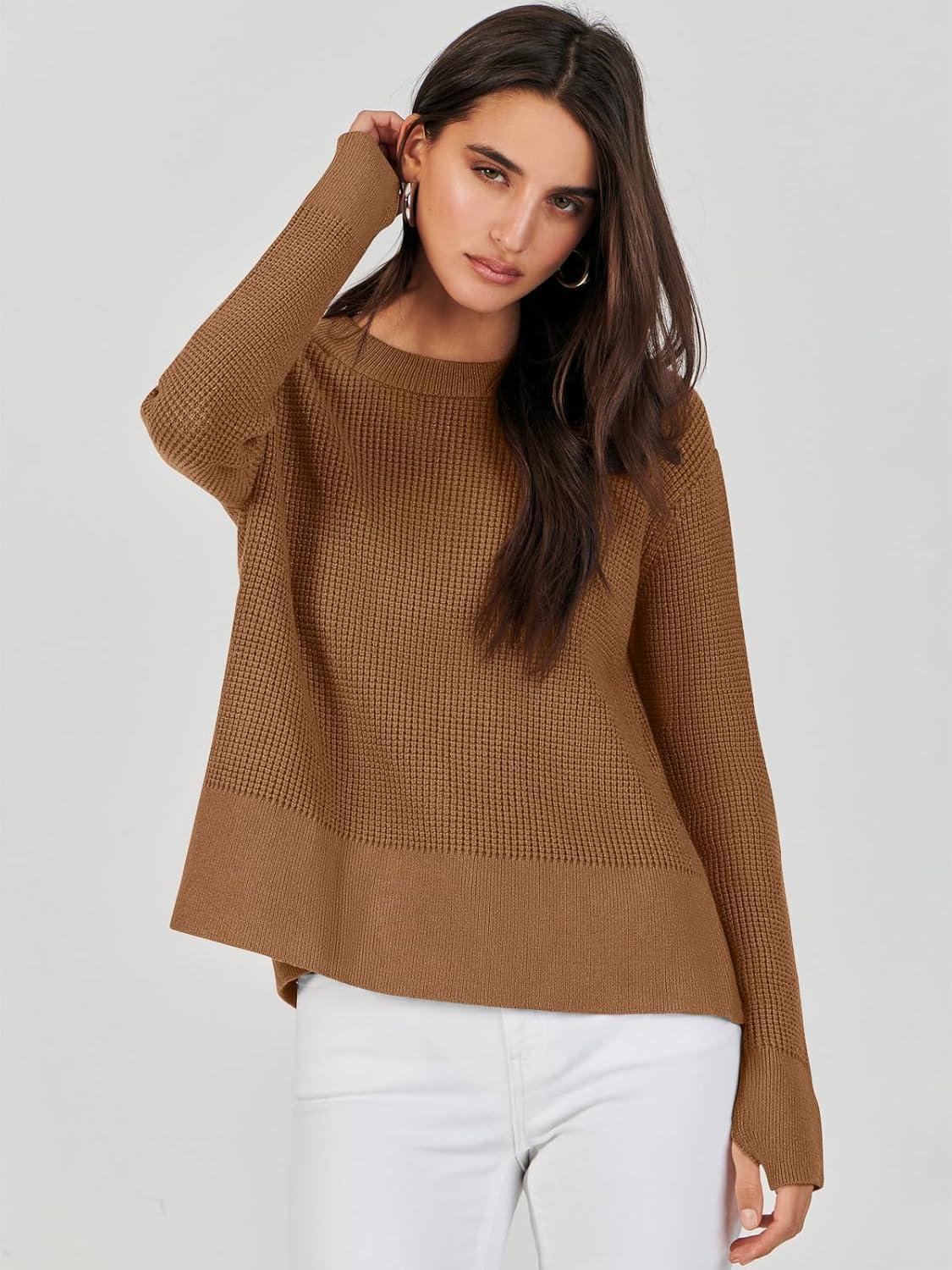 imageANRABESS Womens 2025 Fall Waffle Sweaters Long Sleeve Thumbhole Casual Knitted Side Zipper Pullover Sweaters TopCaramel