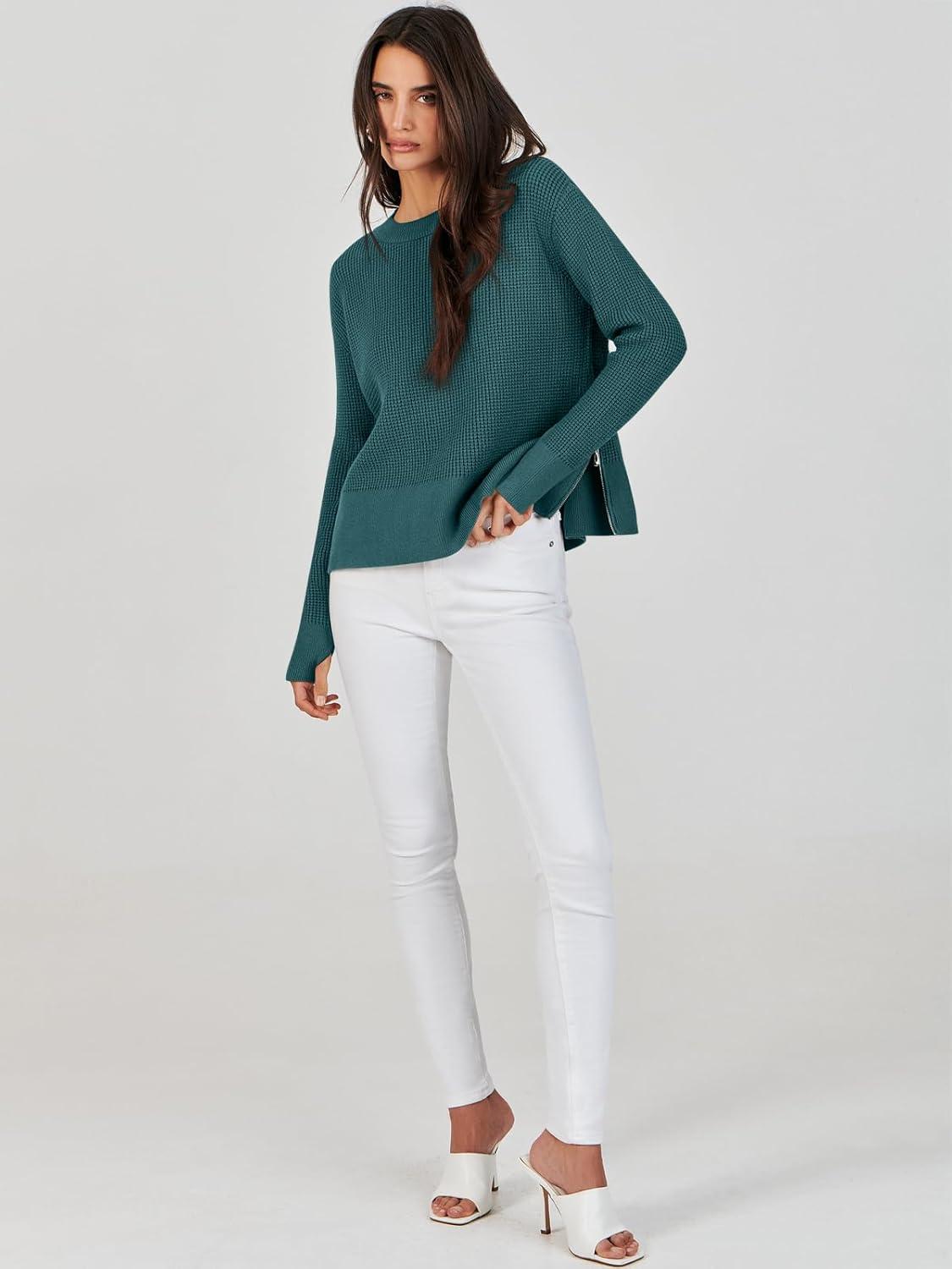 imageANRABESS Womens 2025 Fall Waffle Sweaters Long Sleeve Thumbhole Casual Knitted Side Zipper Pullover Sweaters TopGreen