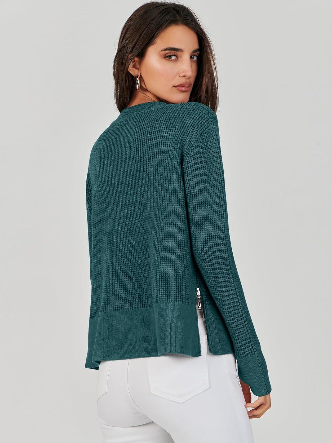 imageANRABESS Womens 2025 Fall Waffle Sweaters Long Sleeve Thumbhole Casual Knitted Side Zipper Pullover Sweaters TopGreen