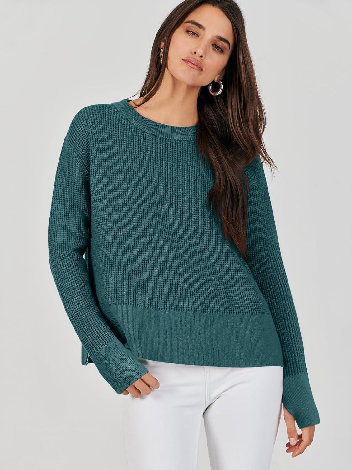 imageANRABESS Womens 2025 Fall Waffle Sweaters Long Sleeve Thumbhole Casual Knitted Side Zipper Pullover Sweaters TopGreen