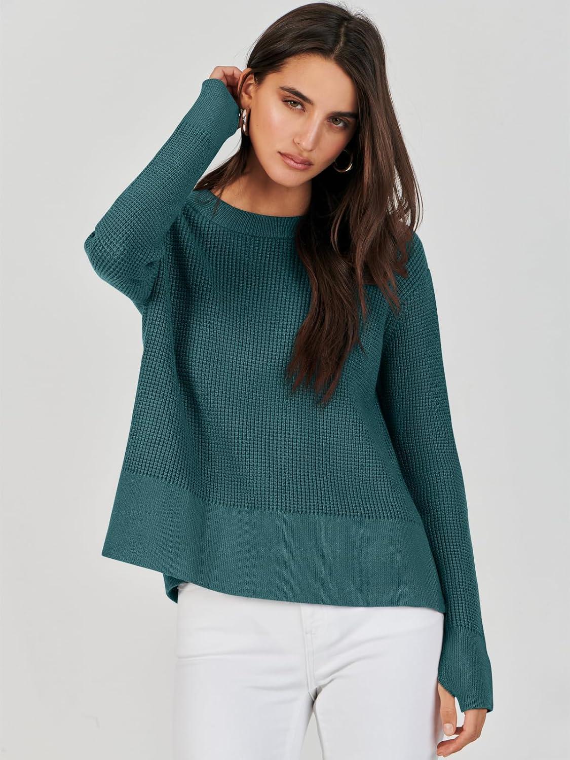 imageANRABESS Womens 2025 Fall Waffle Sweaters Long Sleeve Thumbhole Casual Knitted Side Zipper Pullover Sweaters TopGreen