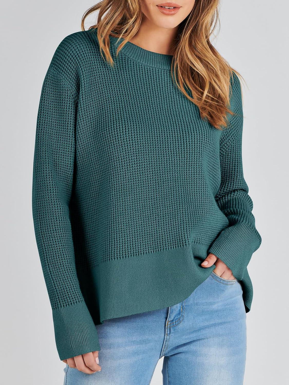 imageANRABESS Womens 2025 Fall Waffle Sweaters Long Sleeve Thumbhole Casual Knitted Side Zipper Pullover Sweaters TopGreen