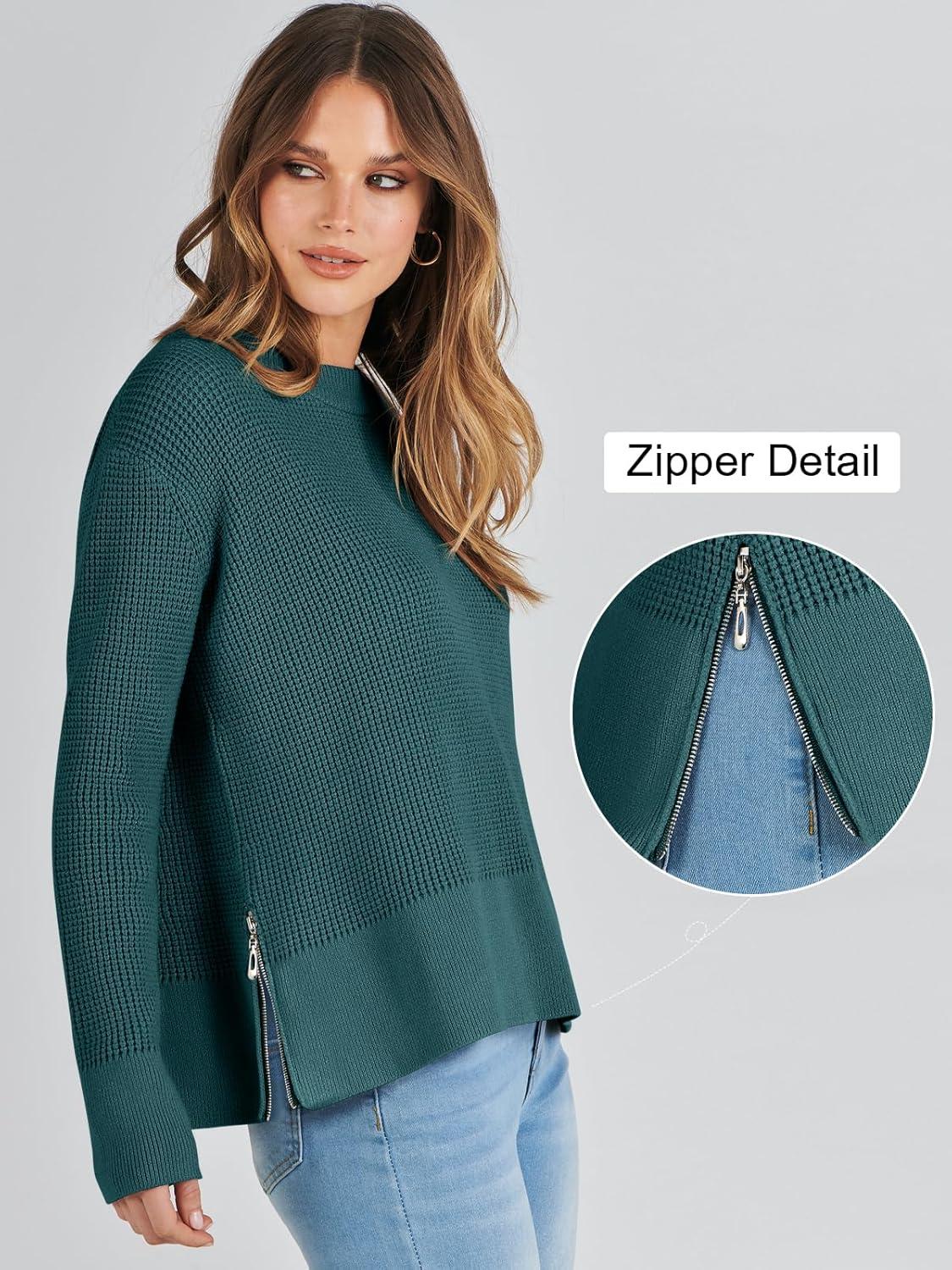 imageANRABESS Womens 2025 Fall Waffle Sweaters Long Sleeve Thumbhole Casual Knitted Side Zipper Pullover Sweaters TopGreen