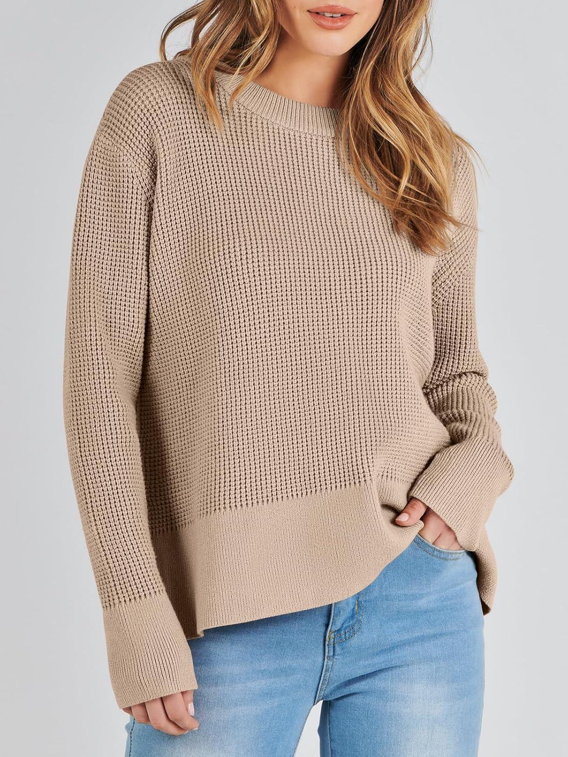 imageANRABESS Womens 2025 Fall Waffle Sweaters Long Sleeve Thumbhole Casual Knitted Side Zipper Pullover Sweaters TopKhaki