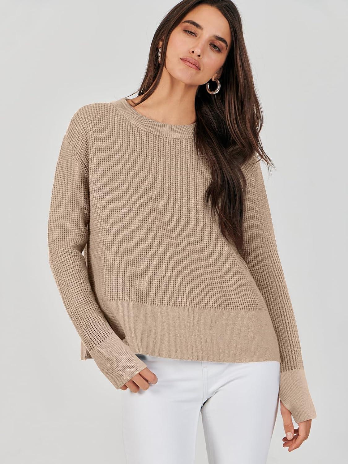 imageANRABESS Womens 2025 Fall Waffle Sweaters Long Sleeve Thumbhole Casual Knitted Side Zipper Pullover Sweaters TopKhaki