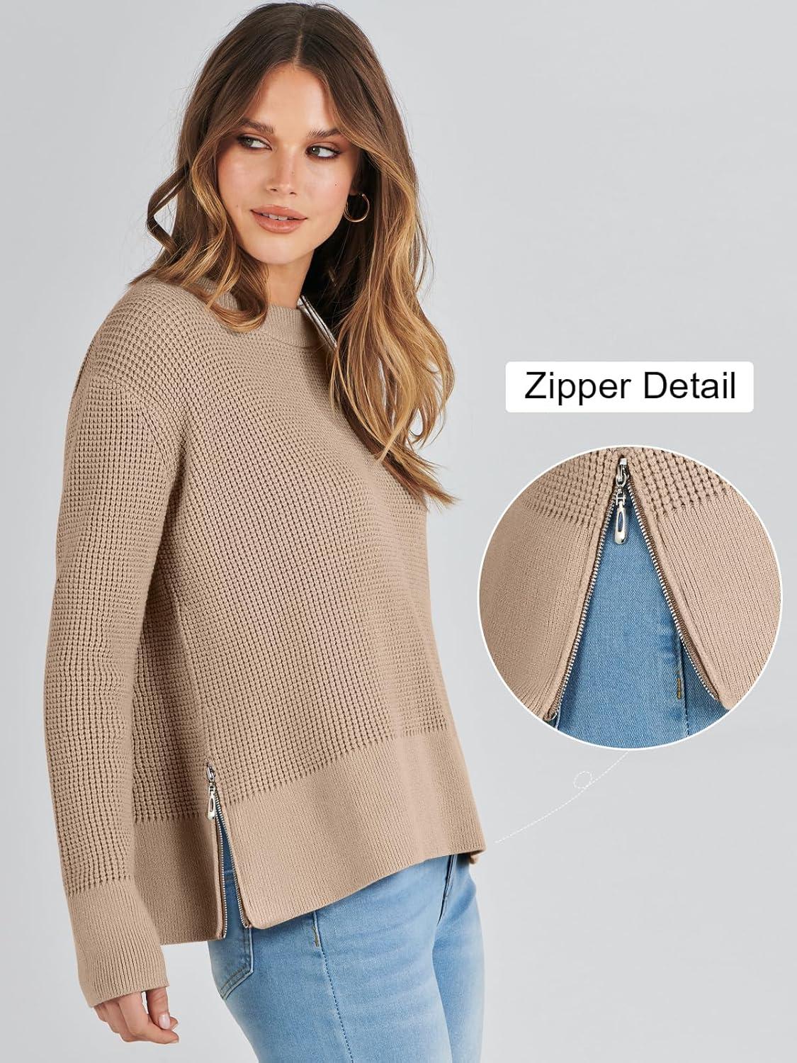 imageANRABESS Womens 2025 Fall Waffle Sweaters Long Sleeve Thumbhole Casual Knitted Side Zipper Pullover Sweaters TopKhaki