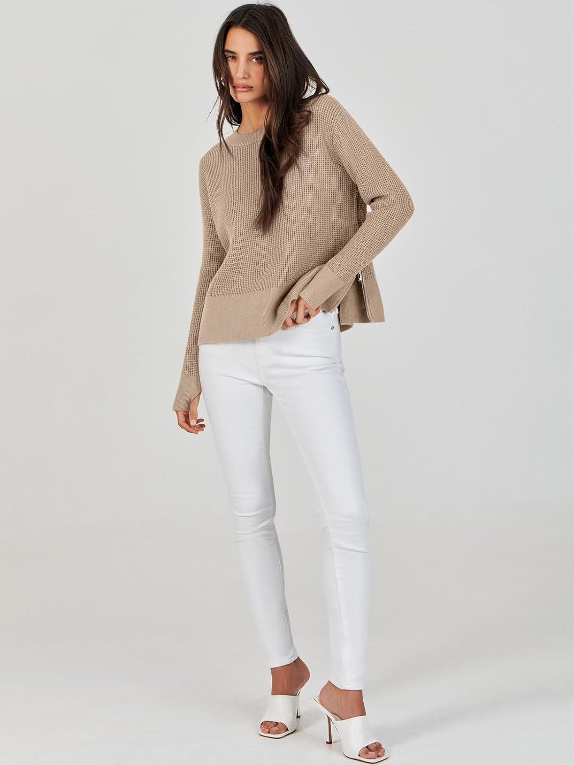 imageANRABESS Womens 2025 Fall Waffle Sweaters Long Sleeve Thumbhole Casual Knitted Side Zipper Pullover Sweaters TopKhaki