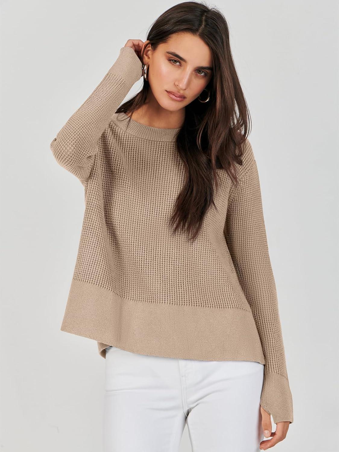 imageANRABESS Womens 2025 Fall Waffle Sweaters Long Sleeve Thumbhole Casual Knitted Side Zipper Pullover Sweaters TopKhaki