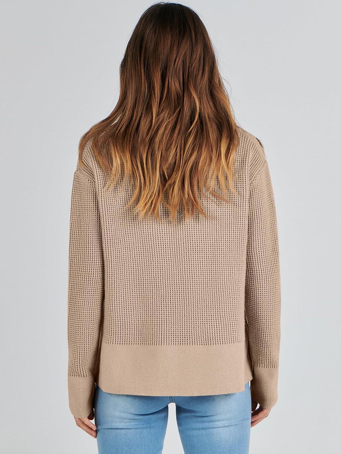 imageANRABESS Womens 2025 Fall Waffle Sweaters Long Sleeve Thumbhole Casual Knitted Side Zipper Pullover Sweaters TopKhaki