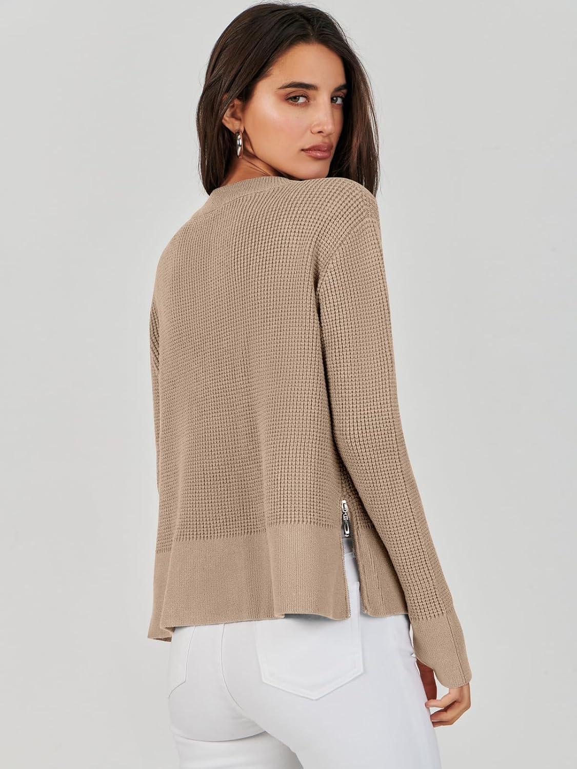 imageANRABESS Womens 2025 Fall Waffle Sweaters Long Sleeve Thumbhole Casual Knitted Side Zipper Pullover Sweaters TopKhaki