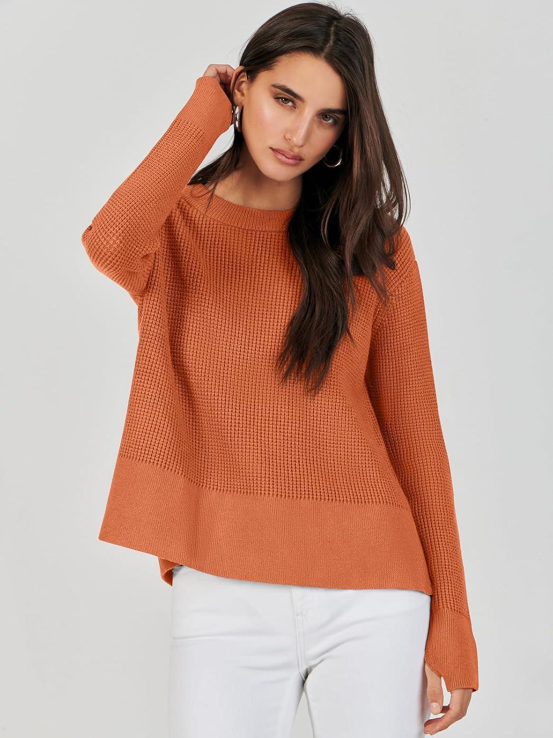imageANRABESS Womens 2025 Fall Waffle Sweaters Long Sleeve Thumbhole Casual Knitted Side Zipper Pullover Sweaters TopRust