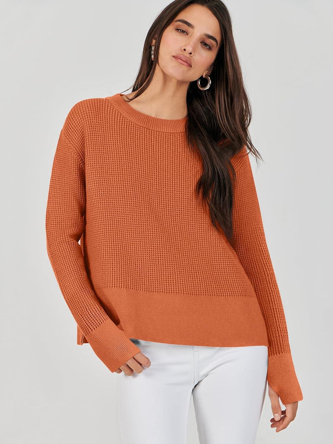 imageANRABESS Womens 2025 Fall Waffle Sweaters Long Sleeve Thumbhole Casual Knitted Side Zipper Pullover Sweaters TopRust