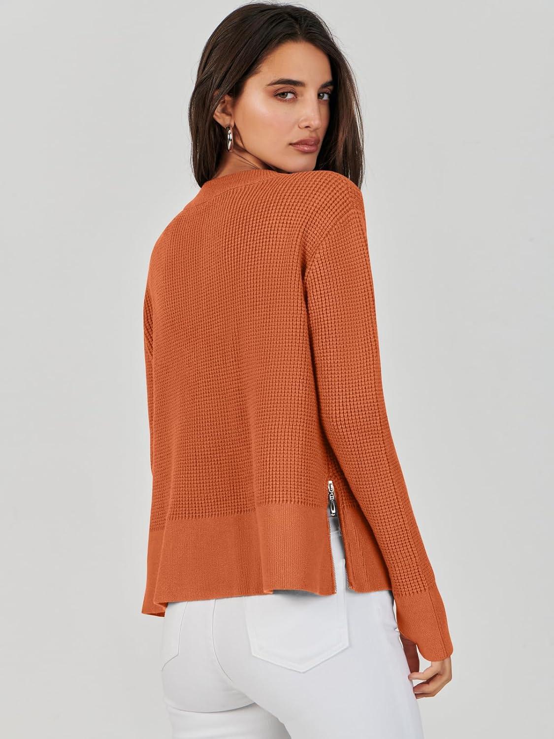 imageANRABESS Womens 2025 Fall Waffle Sweaters Long Sleeve Thumbhole Casual Knitted Side Zipper Pullover Sweaters TopRust