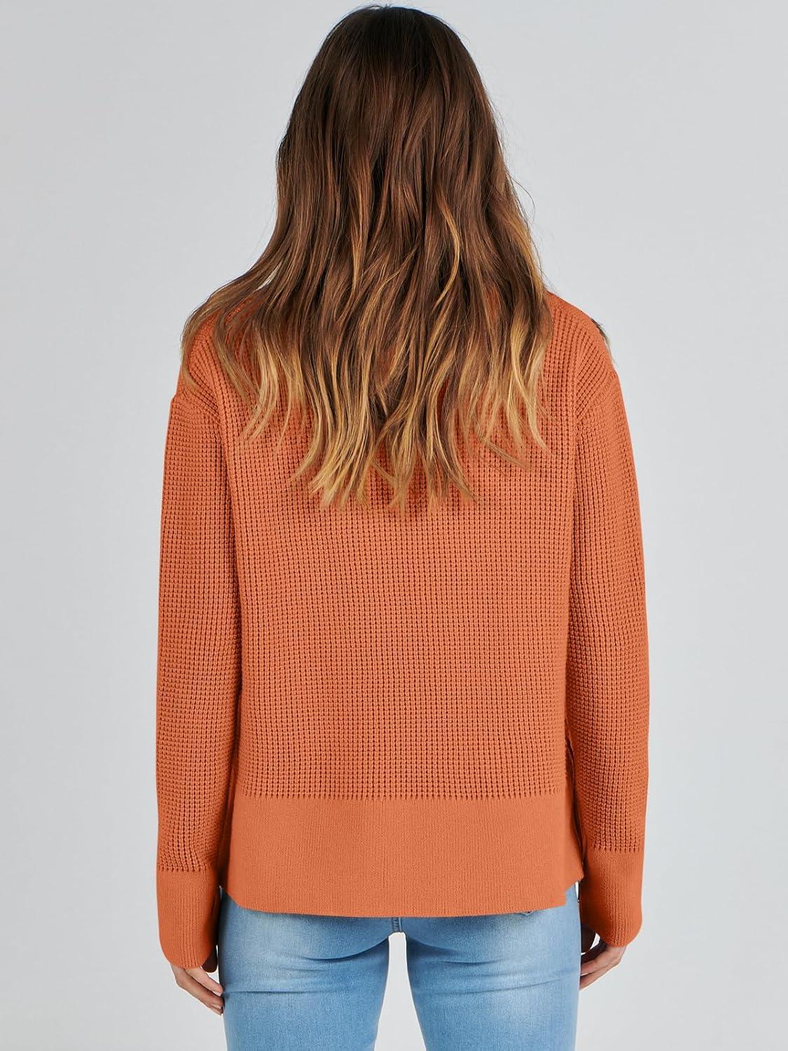 imageANRABESS Womens 2025 Fall Waffle Sweaters Long Sleeve Thumbhole Casual Knitted Side Zipper Pullover Sweaters TopRust