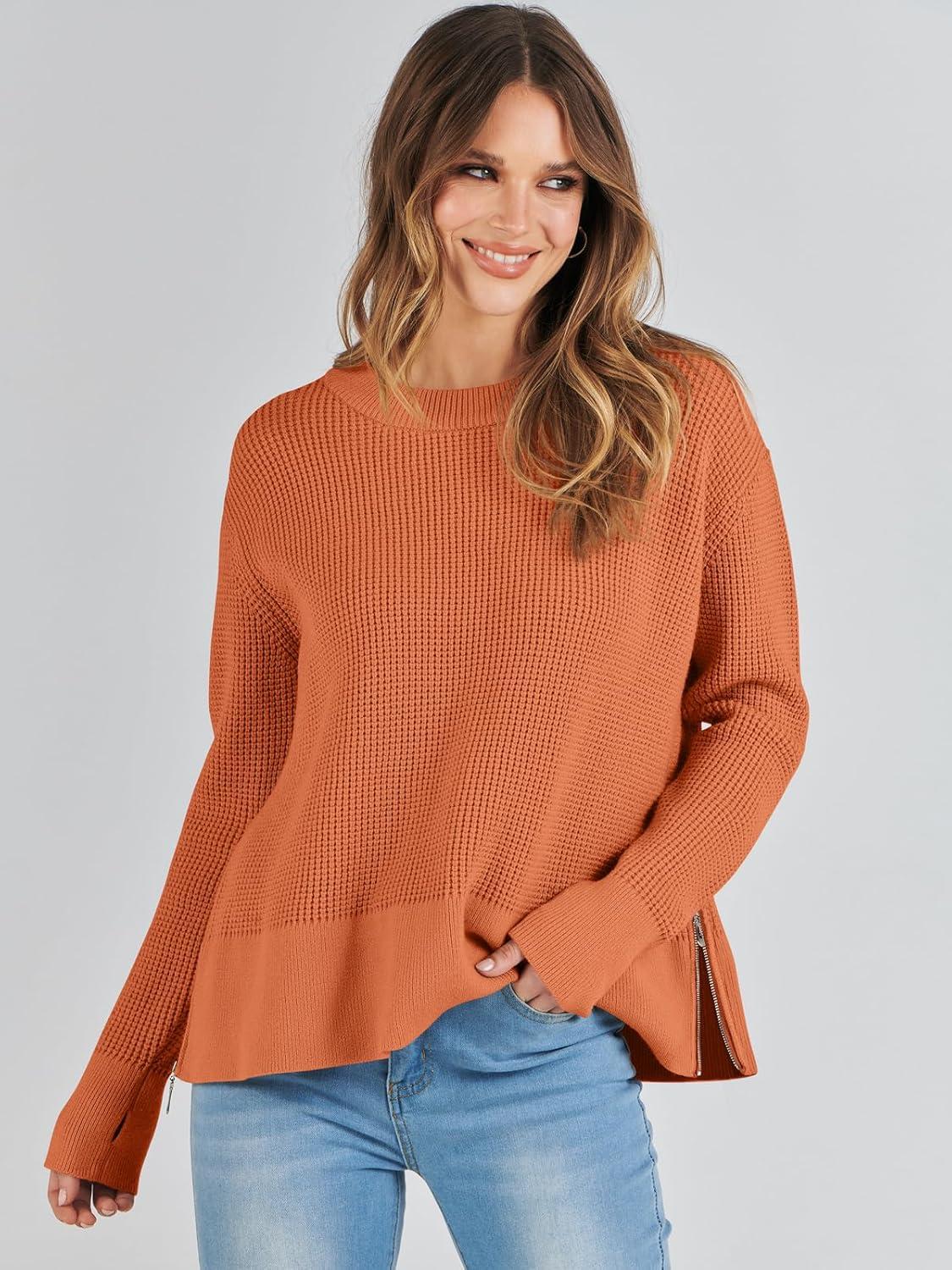 imageANRABESS Womens 2025 Fall Waffle Sweaters Long Sleeve Thumbhole Casual Knitted Side Zipper Pullover Sweaters TopRust