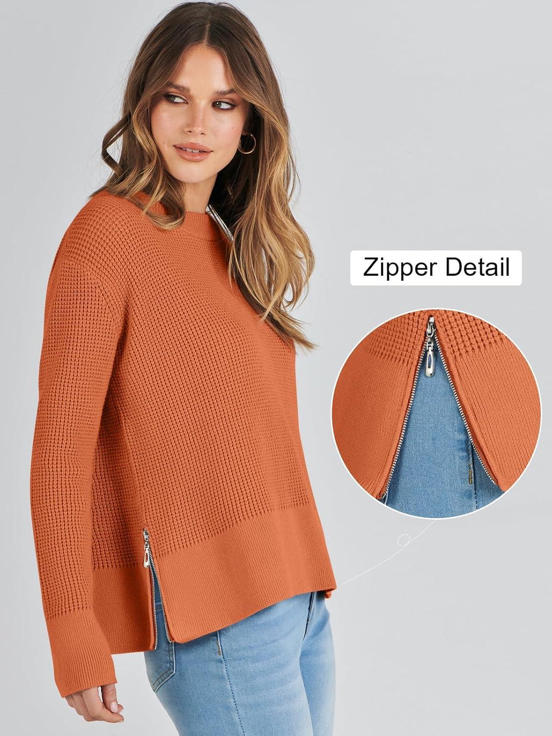 imageANRABESS Womens 2025 Fall Waffle Sweaters Long Sleeve Thumbhole Casual Knitted Side Zipper Pullover Sweaters TopRust