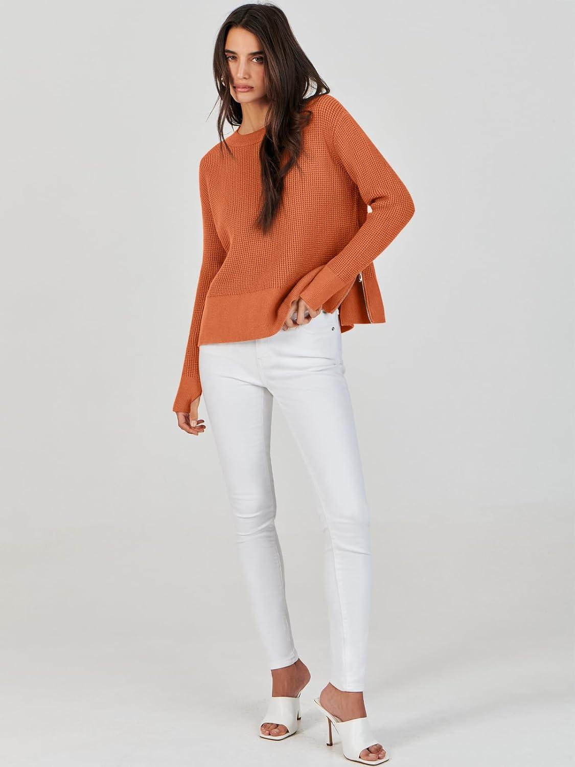 imageANRABESS Womens 2025 Fall Waffle Sweaters Long Sleeve Thumbhole Casual Knitted Side Zipper Pullover Sweaters TopRust