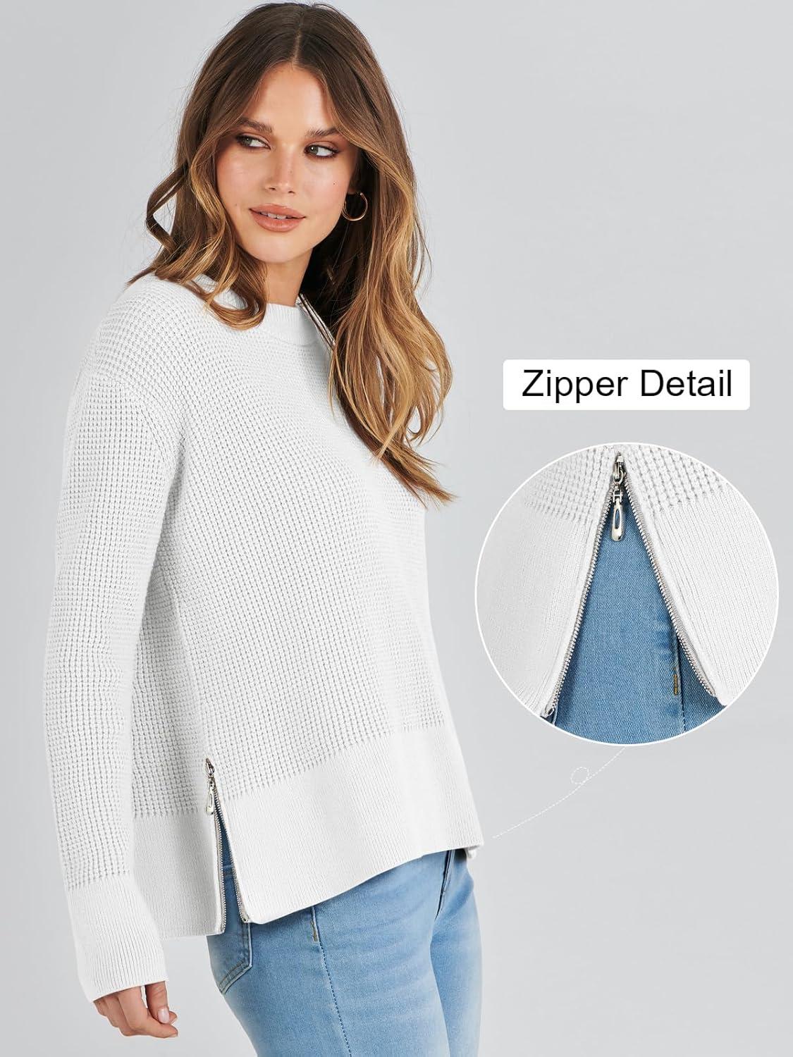 imageANRABESS Womens 2025 Fall Waffle Sweaters Long Sleeve Thumbhole Casual Knitted Side Zipper Pullover Sweaters TopWhite