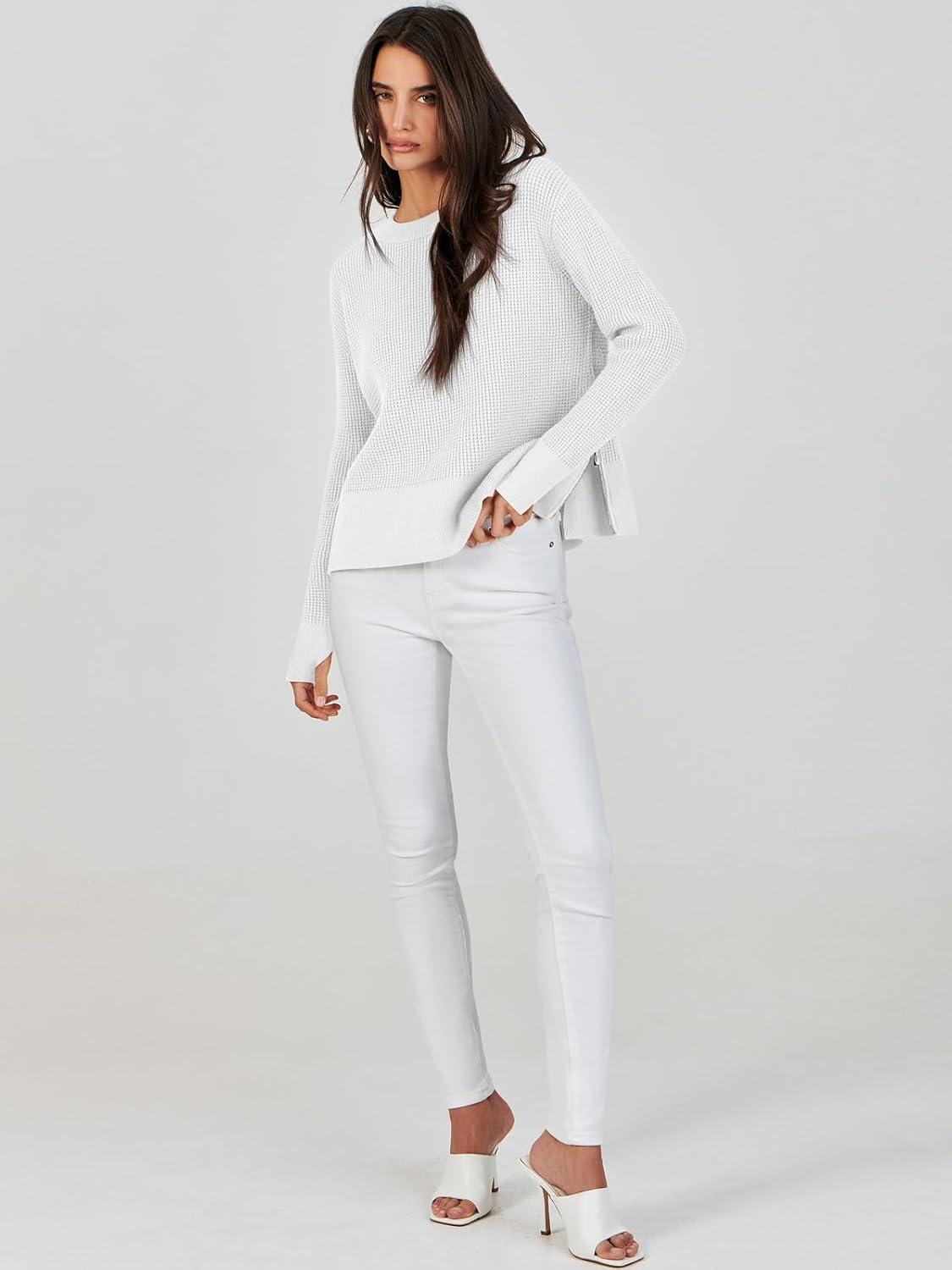 imageANRABESS Womens 2025 Fall Waffle Sweaters Long Sleeve Thumbhole Casual Knitted Side Zipper Pullover Sweaters TopWhite