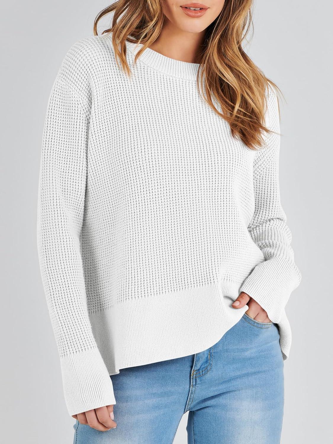 imageANRABESS Womens 2025 Fall Waffle Sweaters Long Sleeve Thumbhole Casual Knitted Side Zipper Pullover Sweaters TopWhite