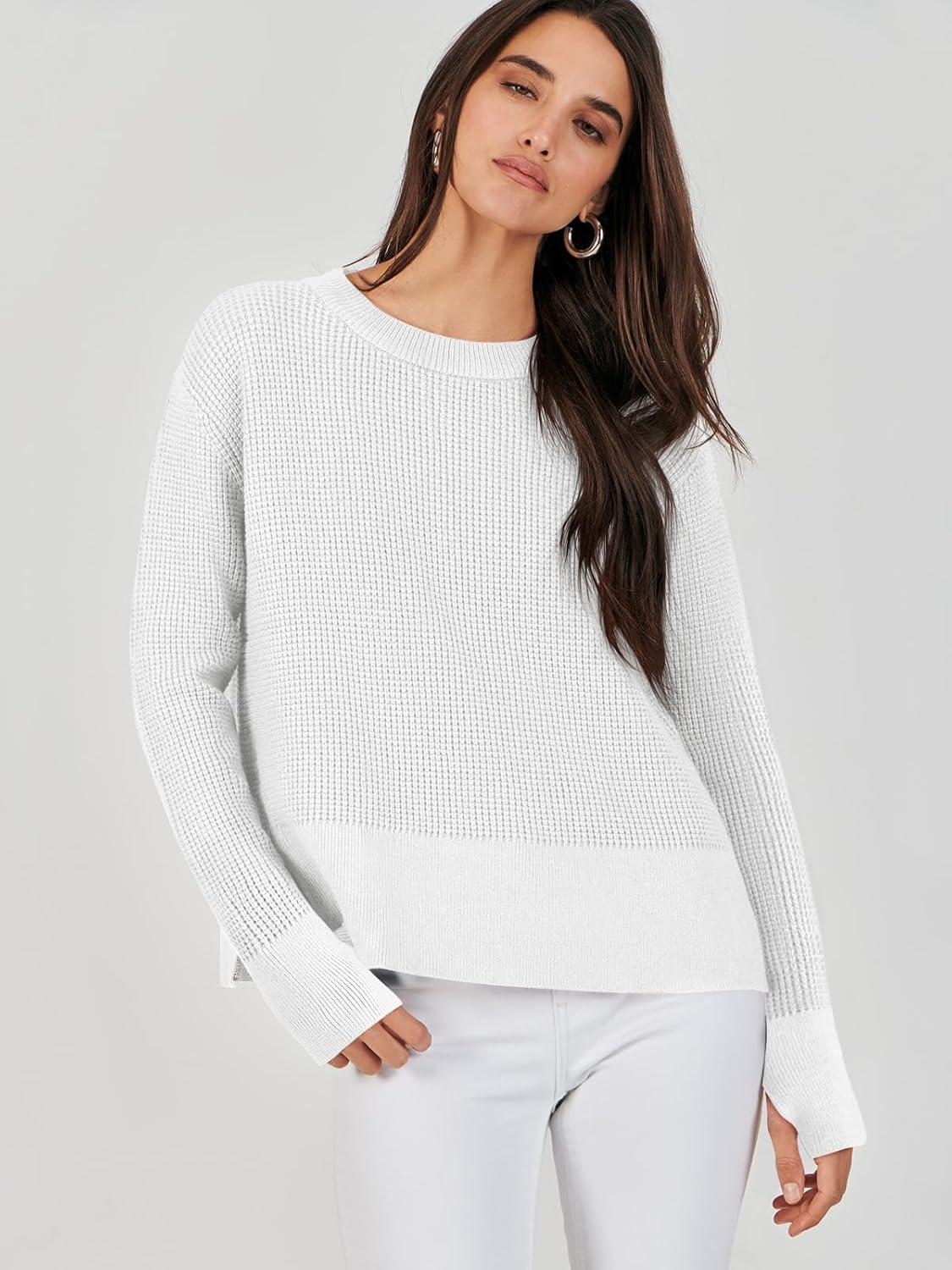 imageANRABESS Womens 2025 Fall Waffle Sweaters Long Sleeve Thumbhole Casual Knitted Side Zipper Pullover Sweaters TopWhite
