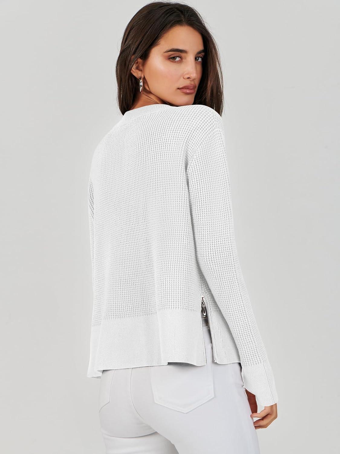 imageANRABESS Womens 2025 Fall Waffle Sweaters Long Sleeve Thumbhole Casual Knitted Side Zipper Pullover Sweaters TopWhite