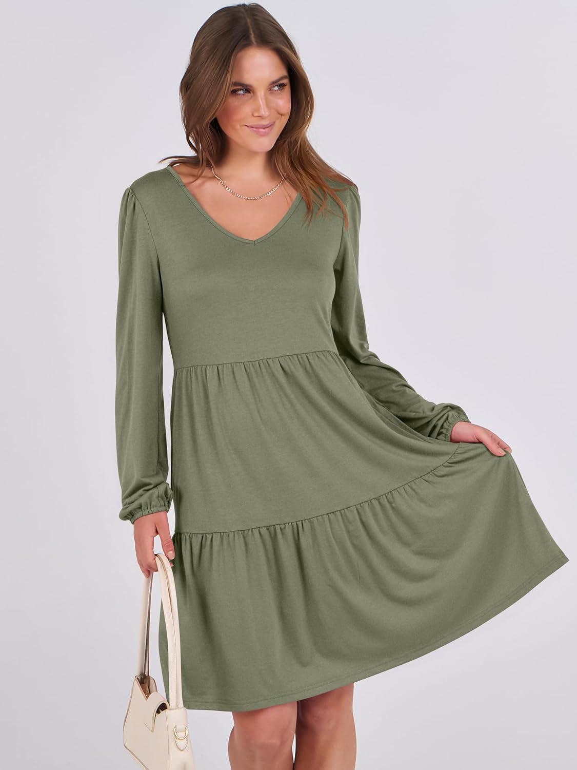 imageANRABESS Womens Long Sleeve Dress 2025 Fall Casual V Neck Tiered Flowy Short Dresses Beach Travel Vacation OutfitsArmy Green