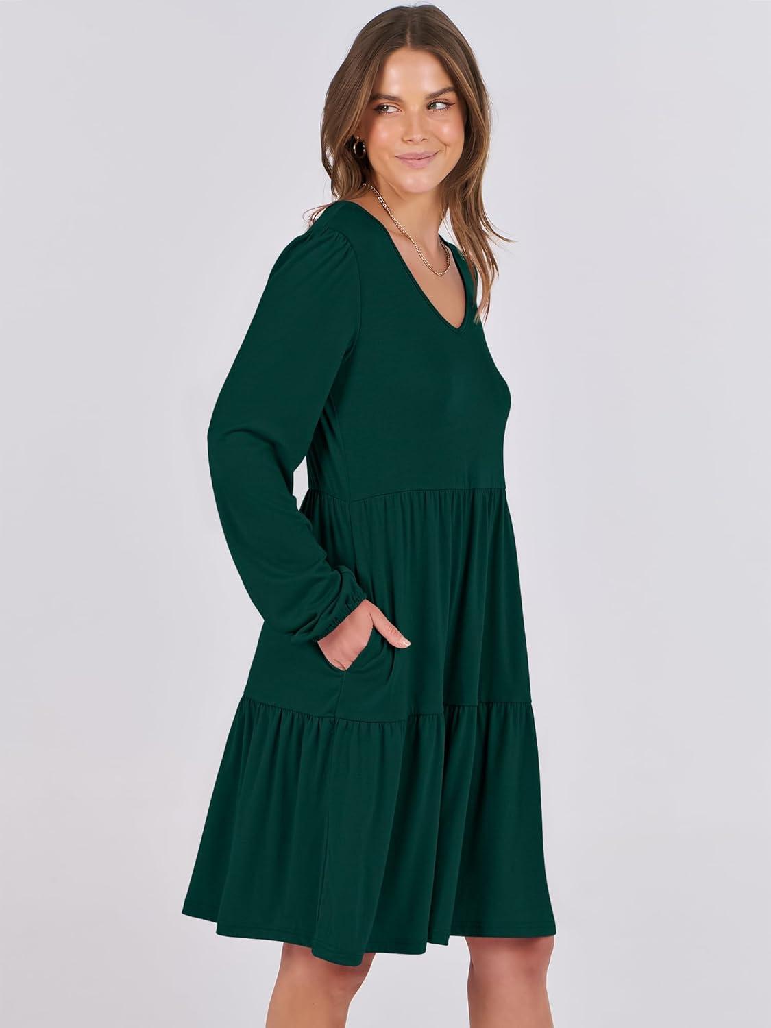 imageANRABESS Womens Long Sleeve Dress 2025 Fall Casual V Neck Tiered Flowy Short Dresses Beach Travel Vacation OutfitsDeep Green