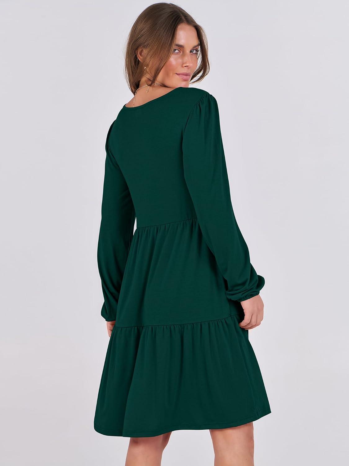 imageANRABESS Womens Long Sleeve Dress 2025 Fall Casual V Neck Tiered Flowy Short Dresses Beach Travel Vacation OutfitsDeep Green