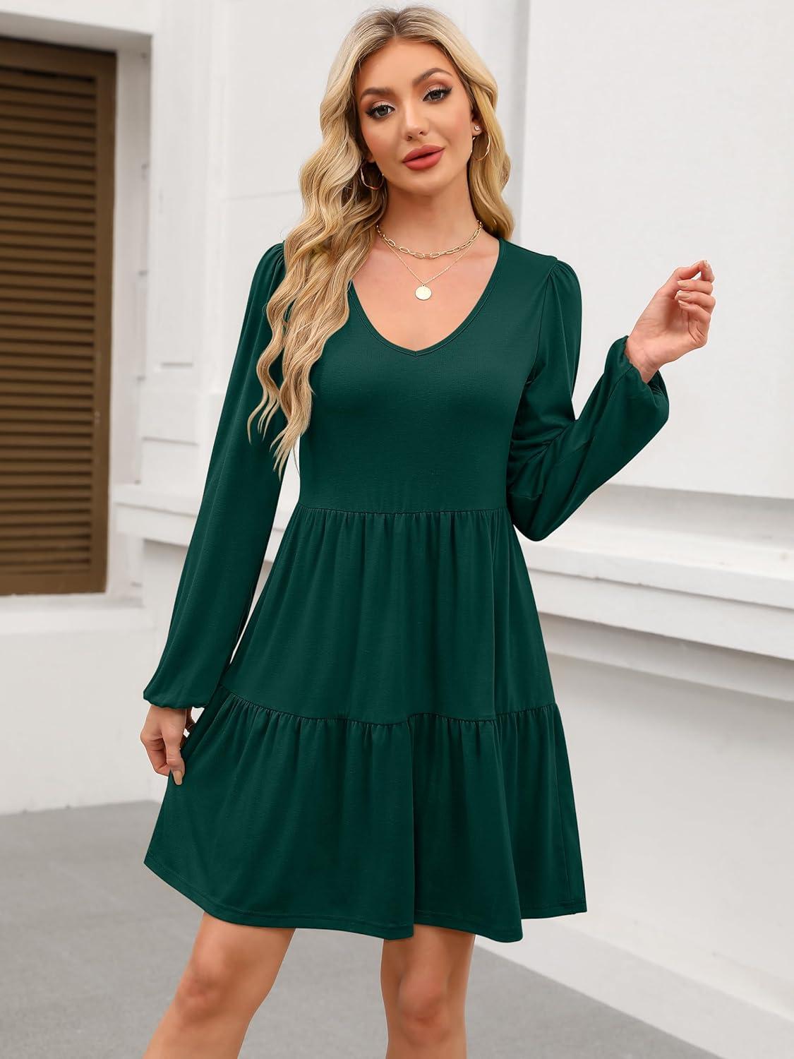 imageANRABESS Womens Long Sleeve Dress 2025 Fall Casual V Neck Tiered Flowy Short Dresses Beach Travel Vacation OutfitsDeep Green