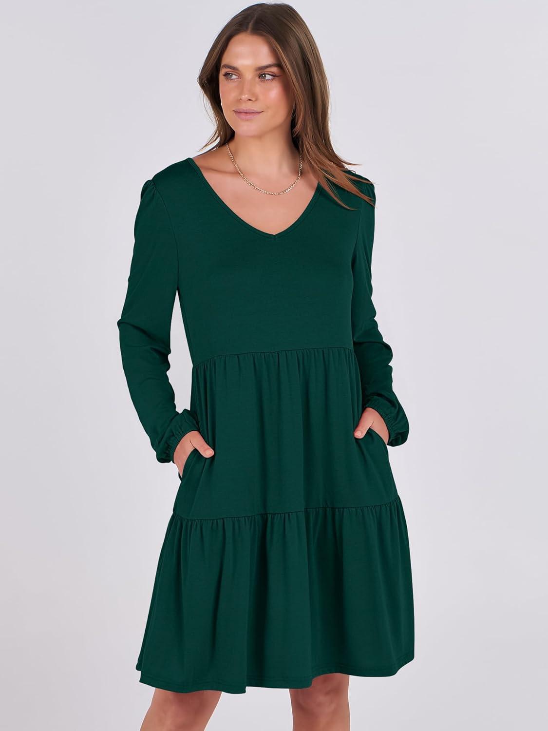 imageANRABESS Womens Long Sleeve Dress 2025 Fall Casual V Neck Tiered Flowy Short Dresses Beach Travel Vacation OutfitsDeep Green