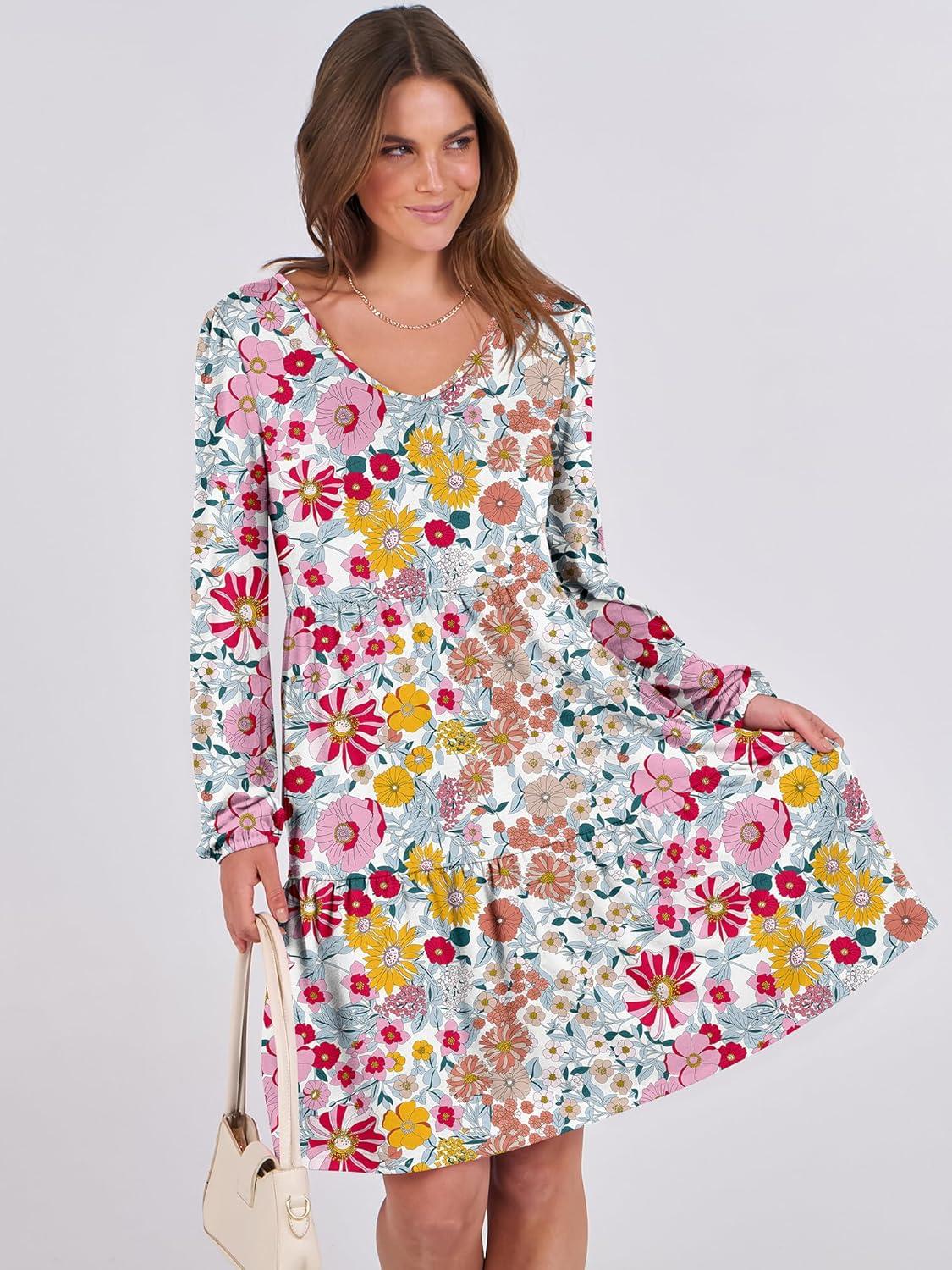 imageANRABESS Womens Long Sleeve Dress 2025 Fall Casual V Neck Tiered Flowy Short Dresses Beach Travel Vacation OutfitsPrint Floral