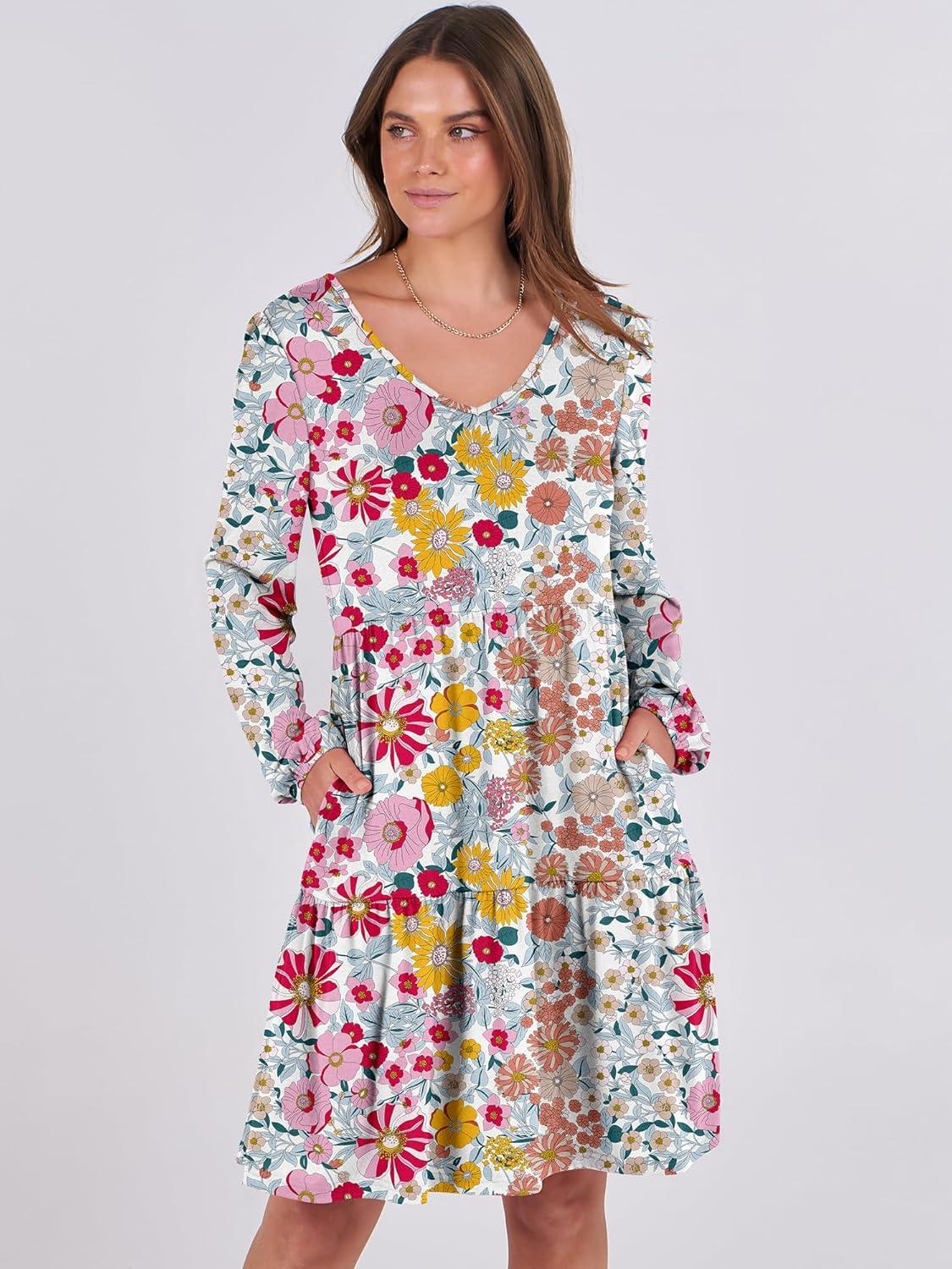 imageANRABESS Womens Long Sleeve Dress 2025 Fall Casual V Neck Tiered Flowy Short Dresses Beach Travel Vacation OutfitsPrint Floral