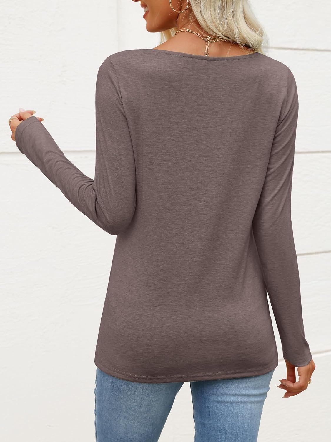 imageANRABESS Womens Long Sleeve Tops Asymmetrical Buttons Neck Tunic Shirts Dressy Casual Blouse 2025 Fall OutfitsBrown