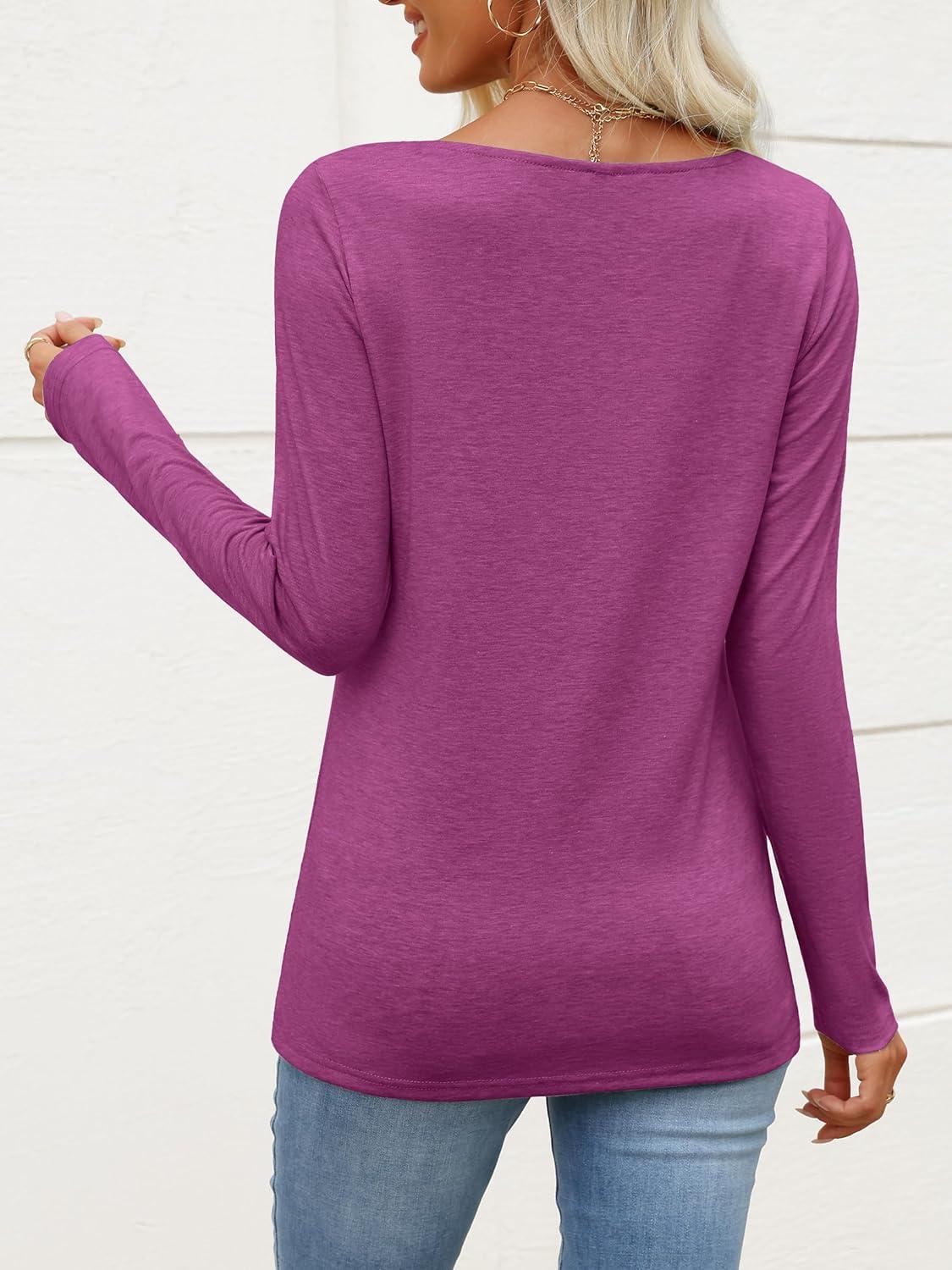 imageANRABESS Womens Long Sleeve Tops Asymmetrical Buttons Neck Tunic Shirts Dressy Casual Blouse 2025 Fall OutfitsFuchsia