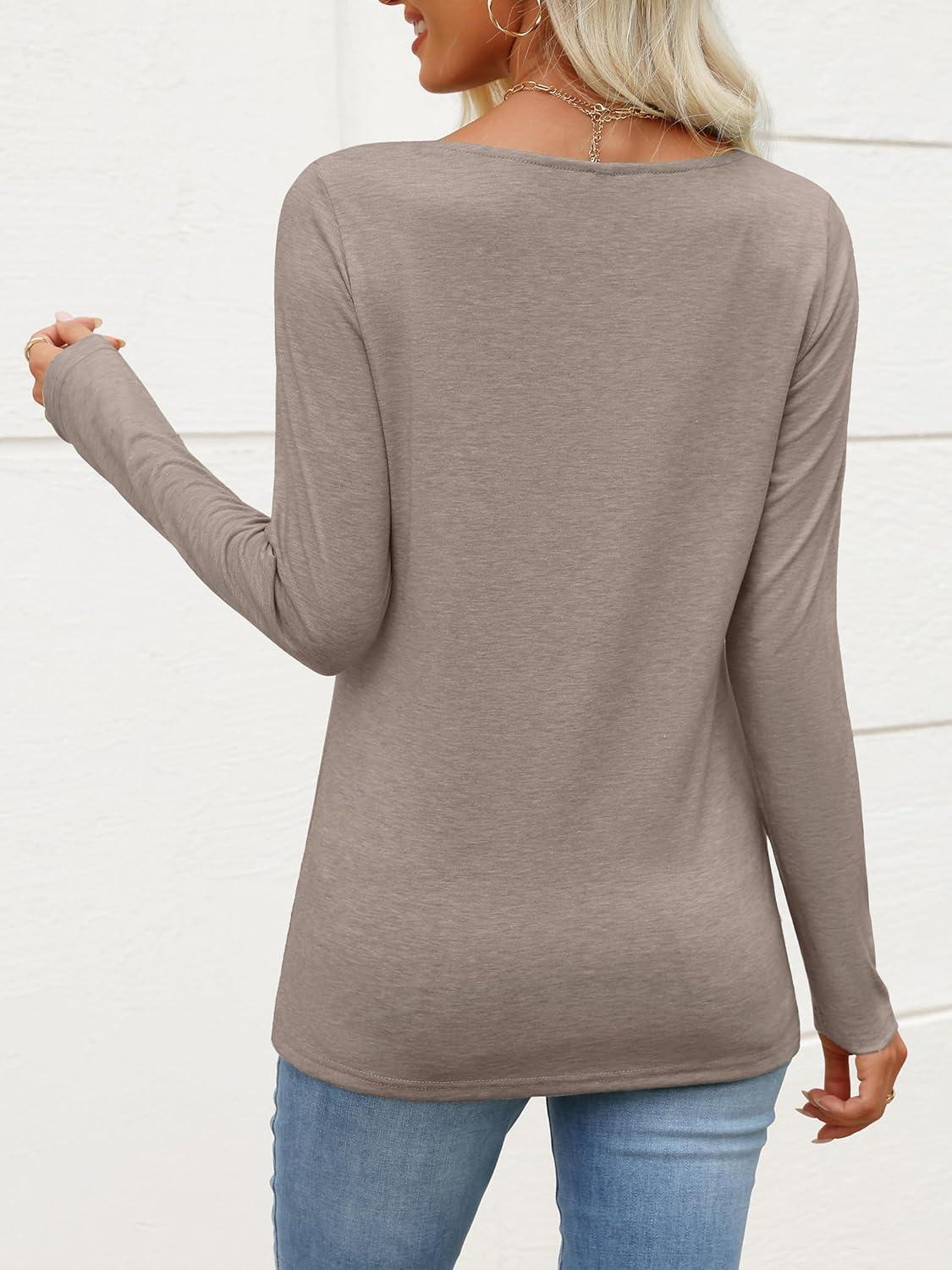 imageANRABESS Womens Long Sleeve Tops Asymmetrical Buttons Neck Tunic Shirts Dressy Casual Blouse 2025 Fall OutfitsLight Khaki