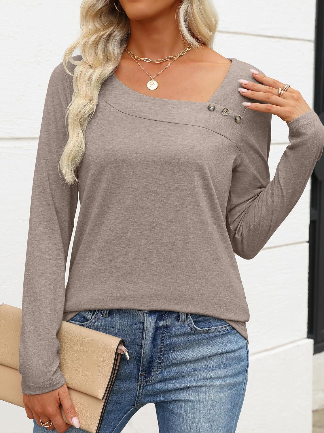 imageANRABESS Womens Long Sleeve Tops Asymmetrical Buttons Neck Tunic Shirts Dressy Casual Blouse 2025 Fall OutfitsLight Khaki