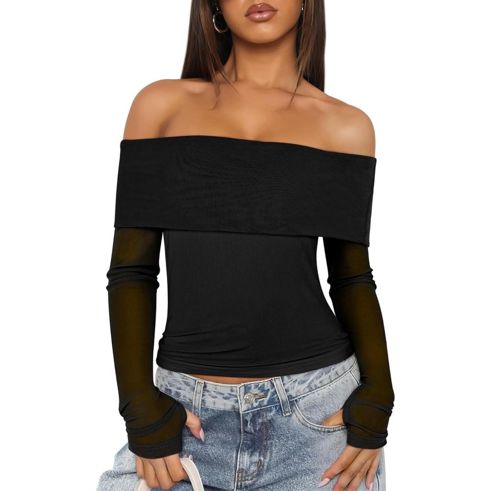 imageANRABESS Off Shoulder Tops for Women Mesh Long Sleeve Floral Lace Slim Fit Blouses Shirts 2025 Y2K Going Out Fall ClothesBlack