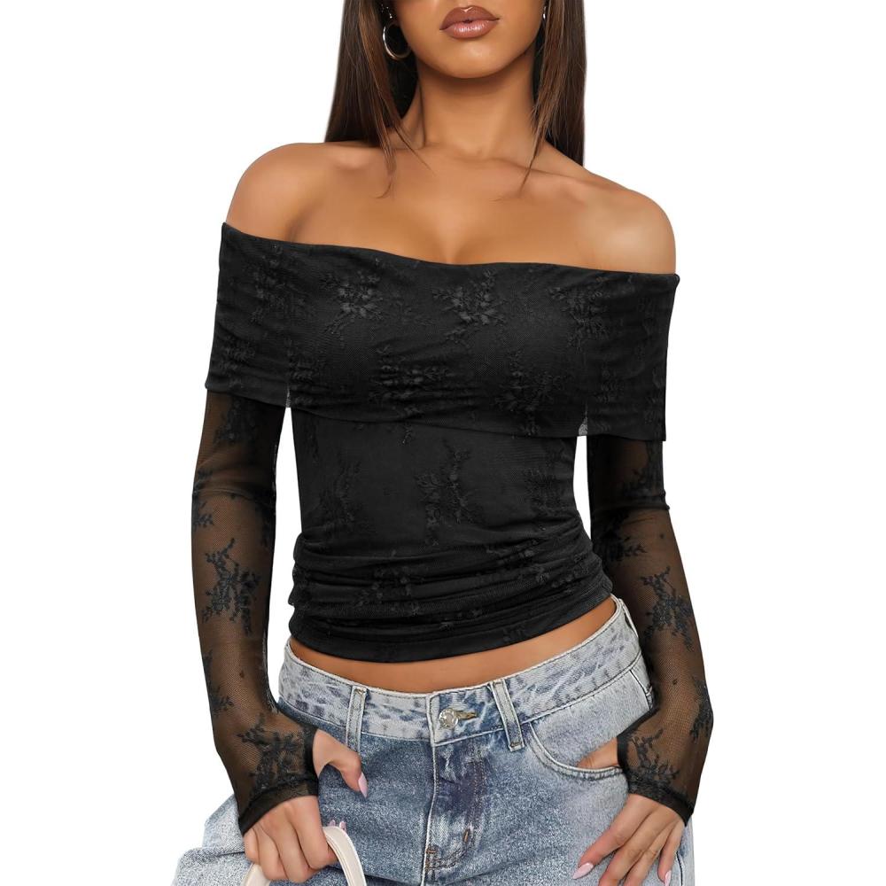 imageANRABESS Off Shoulder Tops for Women Mesh Long Sleeve Floral Lace Slim Fit Blouses Shirts 2025 Y2K Going Out Fall ClothesBlack Leaf